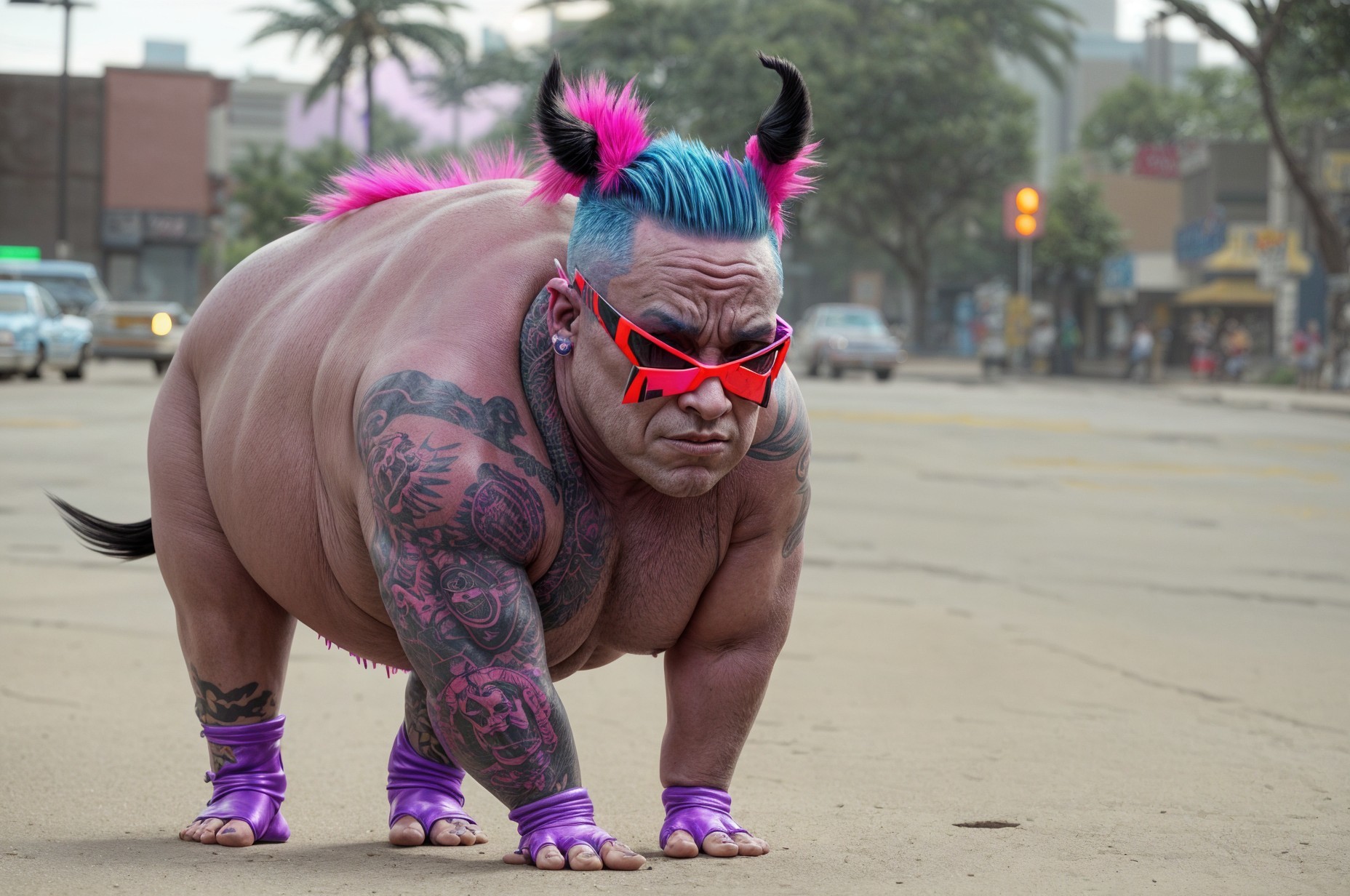 Muscular Figure with Mohawk in Urban Street Scene