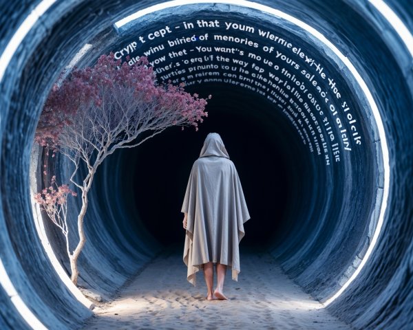 Cloaked Figure in Mysterious Circular Tunnel Scene