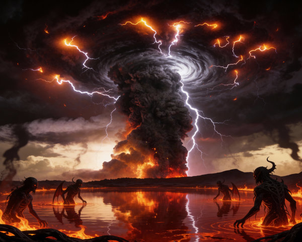 Hellish Landscape with Monstrous Figures and Lava Lake