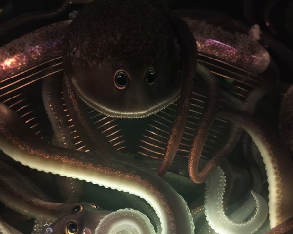 Underwater Scene with Intertwined Octopuses and Colors