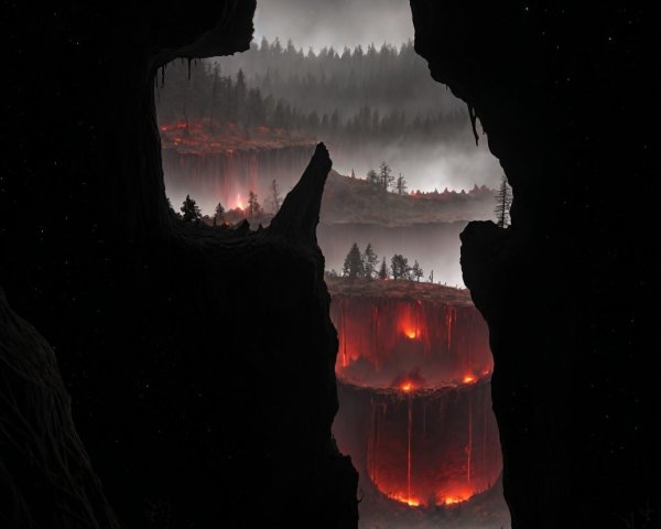 Cave Opening View of Night Landscape with Eruption