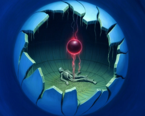 Cracked Void with Skeleton and Glowing Red Sphere