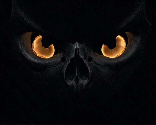 Dark Skull with Glowing Orange Eyes on Black Background