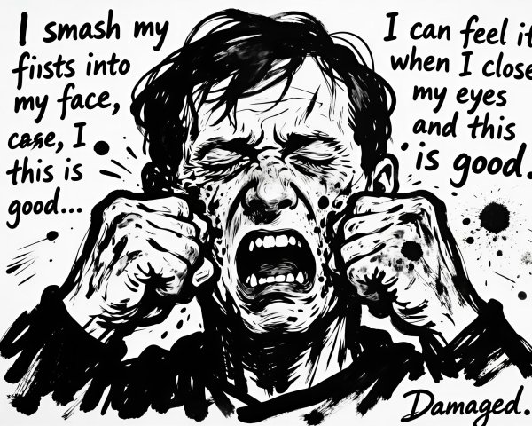 Bald Man Screaming in Black and White Ink Drawing