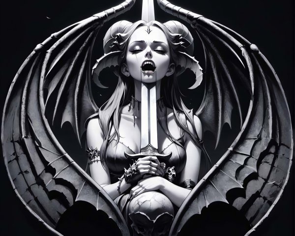 Detailed Black and White Demoness Digital Painting
