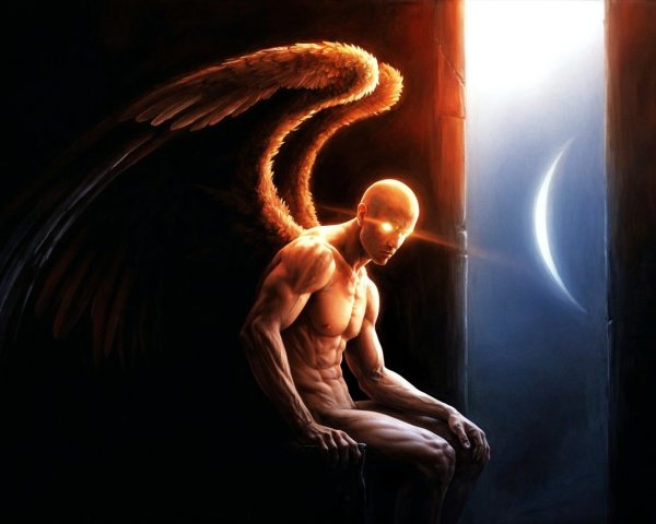 Androgynous figure with wings in a dimly lit space