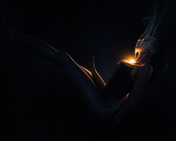 Ethereal Figure in Black Outfit Against Dark Backdrop