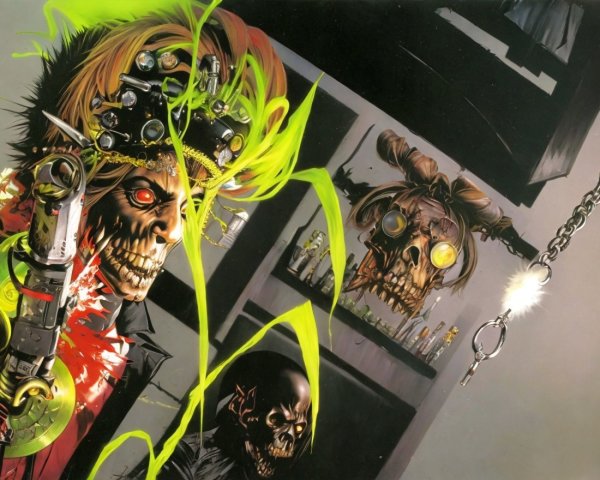 Illustration of Cybernetic Skulls with Glowing Eyes