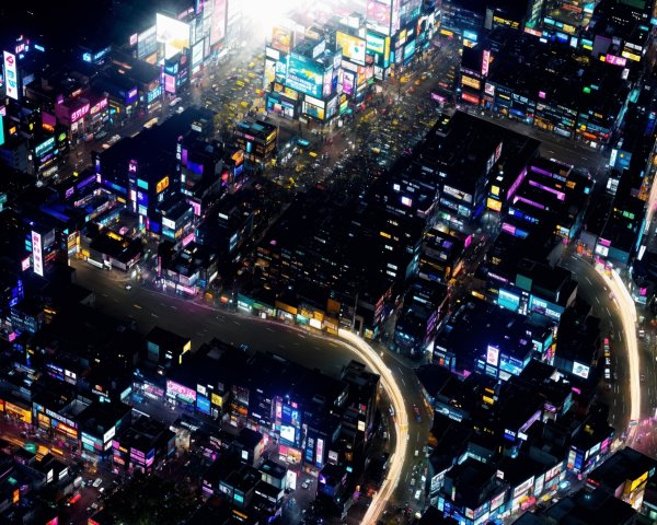 Vibrant Night Cityscape with Neon Lights and Skyscrapers