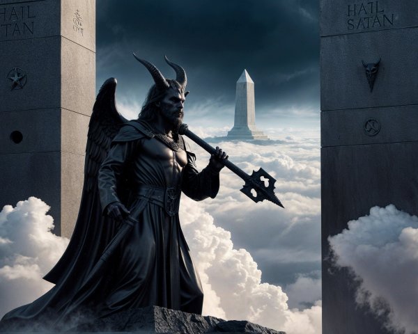 Dramatic statue of a horned figure with trident