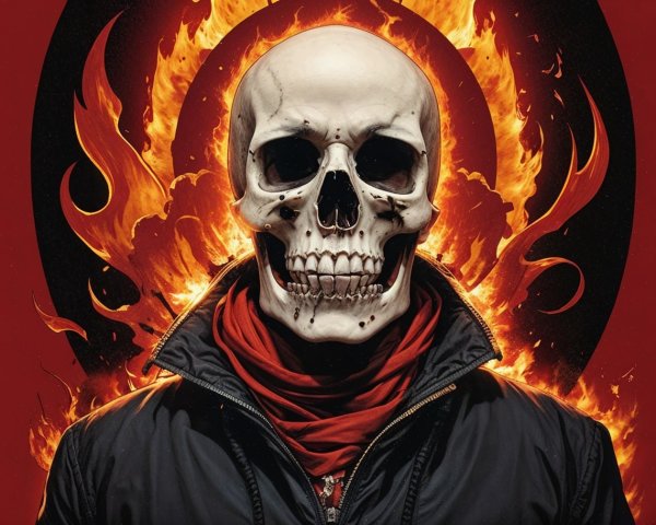 Skull with Grin Surrounded by Flames on Red Background