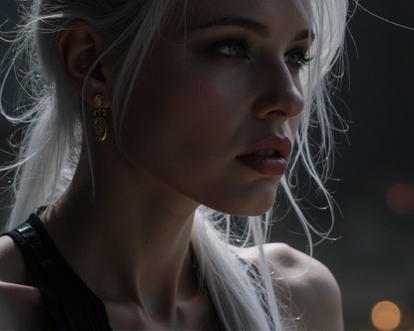 Close-Up Profile of a Woman with White Hair and Earring