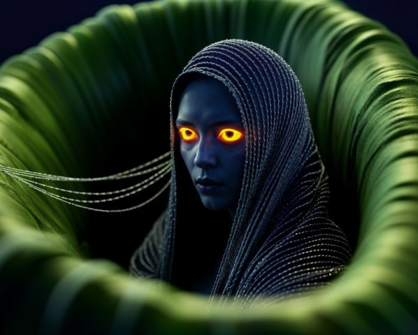 Mysterious figure with glowing eyes in dark hood