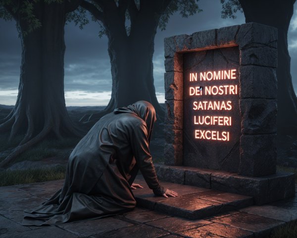 Hooded Figure at Stone Altar in Mystical Landscape