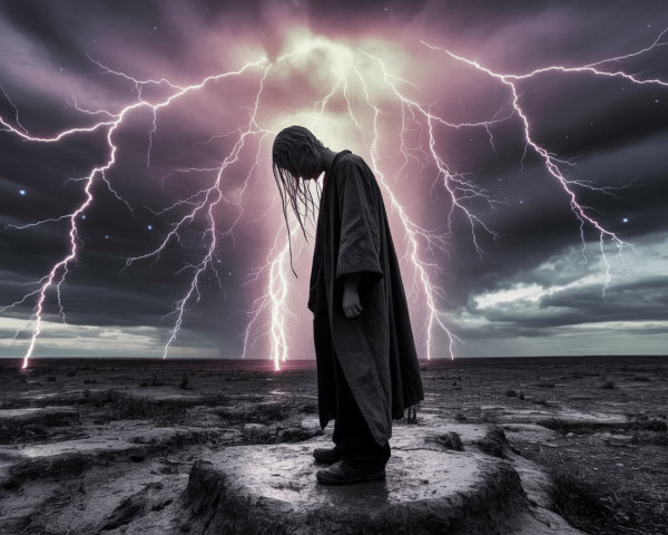 Somber Figure in Dark Cloak on Barren Landscape