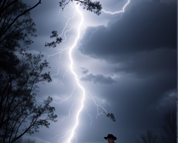 Lone Figure in Stormy Landscape with Lightning Bolt