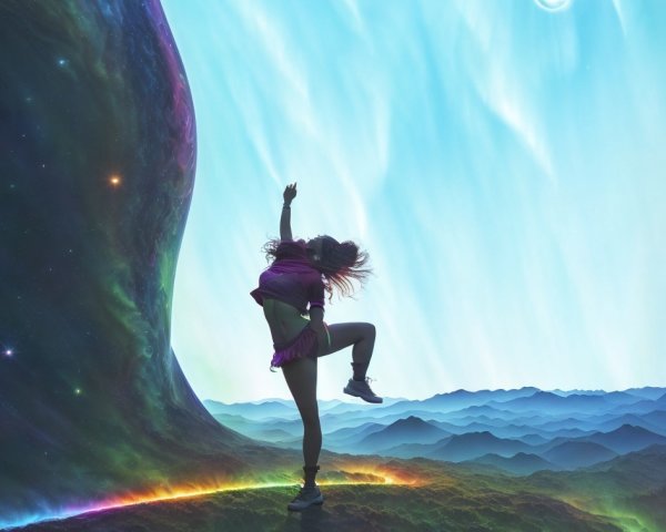Person dancing on otherworldly terrain with cosmic bodies and nebulas.