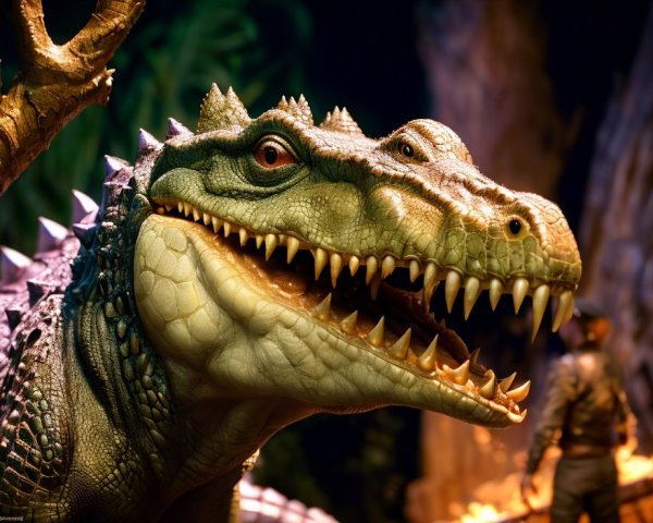Realistic model crocodiles with open jaws on display.
