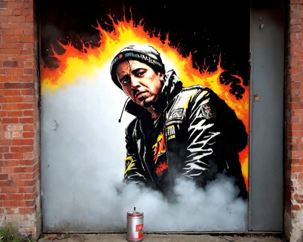 Mural of a serious man in leather jacket with flames