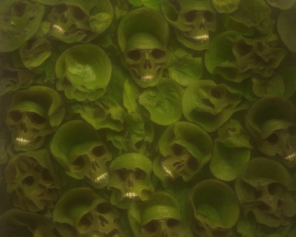 Human Skulls Camouflaged in Green Cabbage Leaves