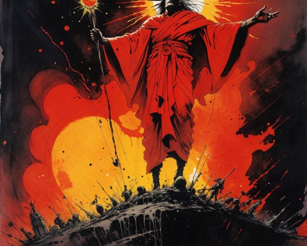 Grand figure in red robes atop a chaotic landscape