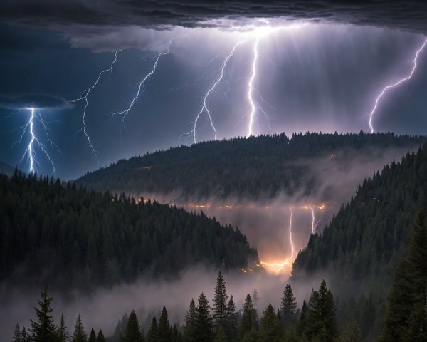 Night sky with multiple lightning strikes above misty pine forest