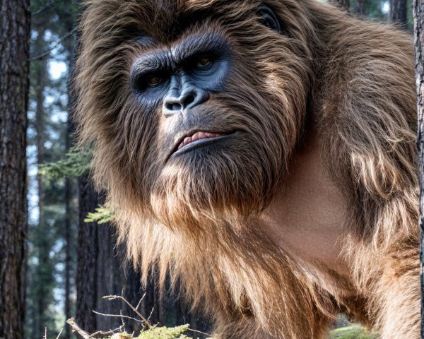 Anthropomorphic gorilla-like creature in forest setting