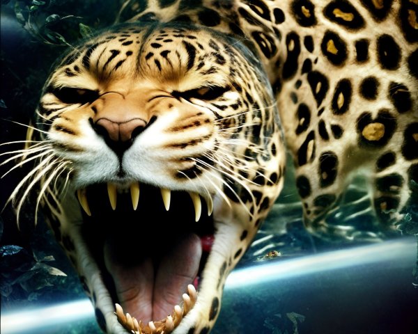 Leopard Roaring in Lush Jungle Environment