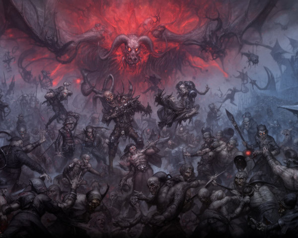 Dark Fantasy Battle Scene with Giant Demon and Undead Creatures