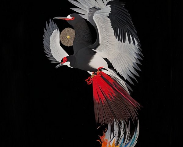 Stylized Cranes with Red and White Plumage on Black
