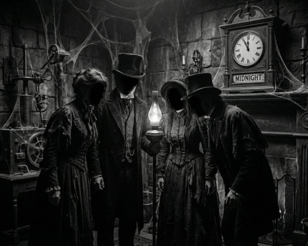 Faceless Figures in Victorian Attire in Dim Room