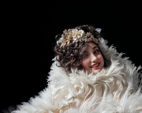 Woman with Curly Hair in Feather Boa Against Black Background