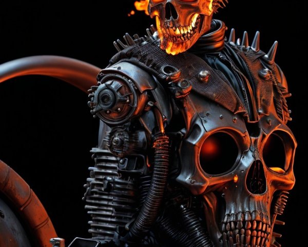 Robotic skeleton with flaming skull and mechanical parts on dark background