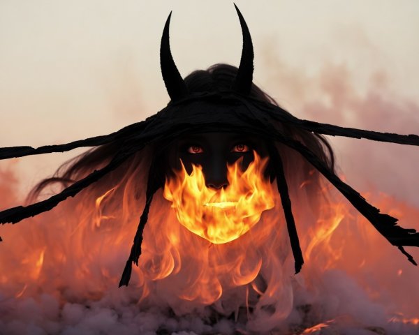 Surreal Figure with Fiery Face and Dark Horns