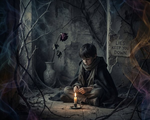 Young boy in rags sits in a dark, abandoned room