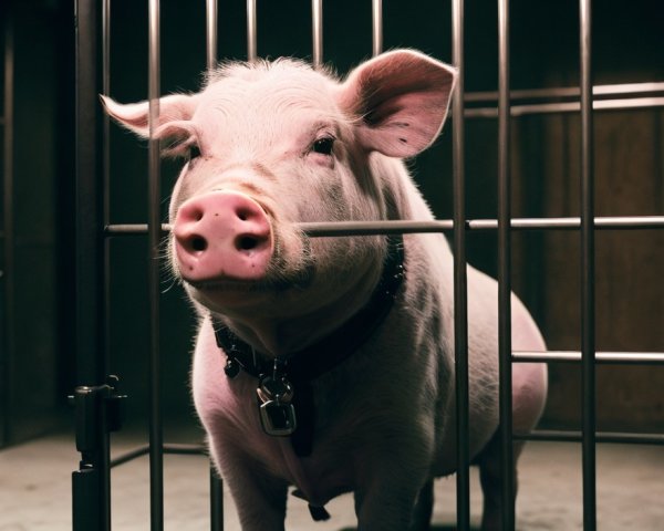 Curious domestic pig with collar in barred enclosure
