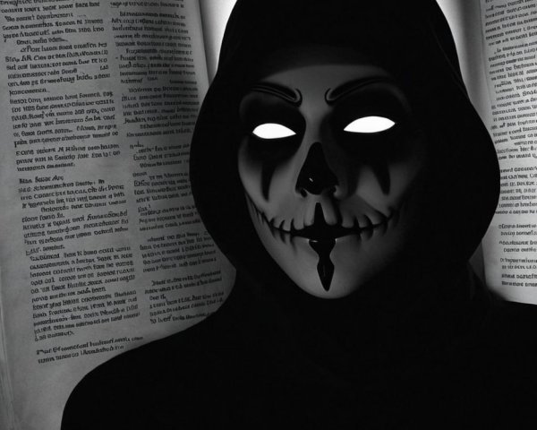 Dark Hooded Figure with Skull Mask and Open Book