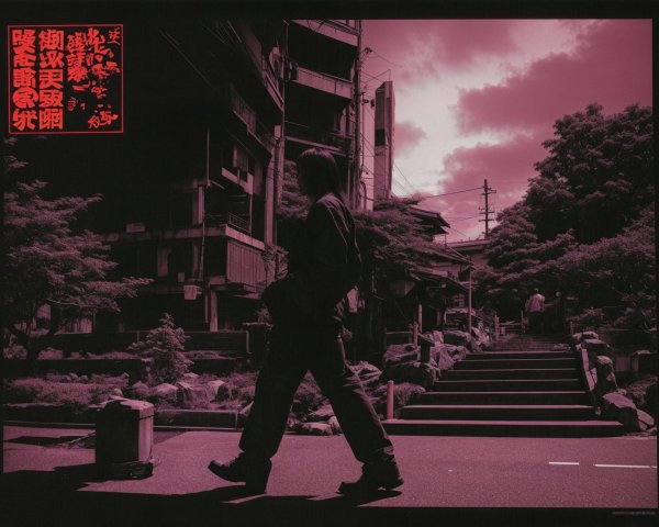 Lone Figure on Pathway Amidst Trees and Architecture