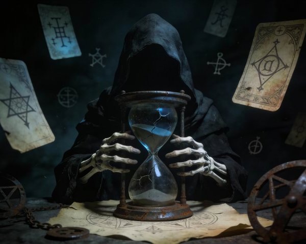 Grim Reaper with Tarot Cards and Alchemical Symbols
