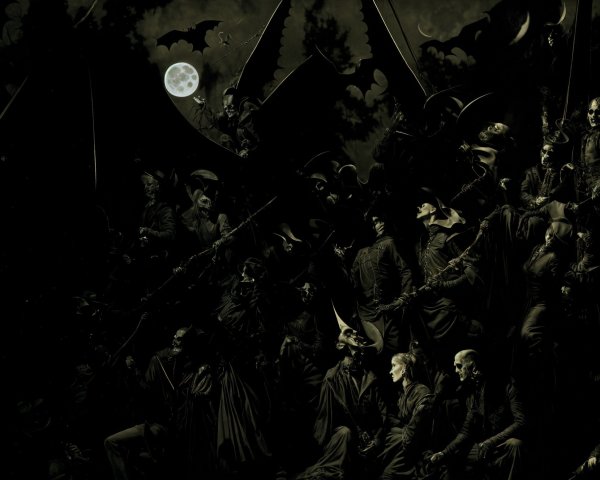 Gothic Gathering of Shadowy Figures Under Full Moon
