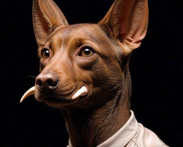 Brown Dog with Pointy Ears and Tusks in Starry Background