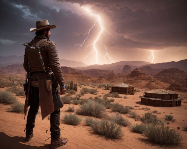 Cowboy overlooking desert landscape with cacti and lightning strikes.