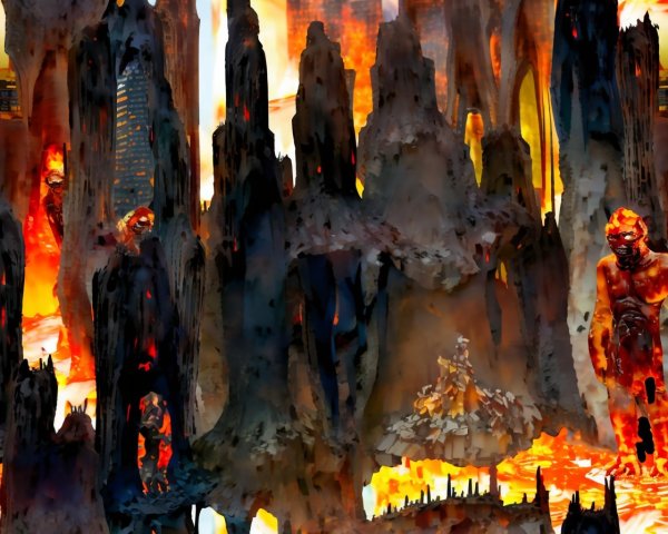 Dramatic Fiery Landscape with Jagged Rock Formations