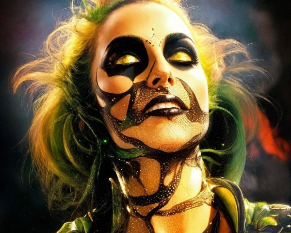 Person with Nature-Inspired Face Paint and Vibrant Hair