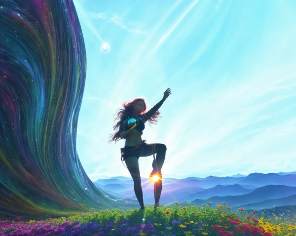 Person with flowing hair in colorful flower field under bright sun, cosmic backdrop.