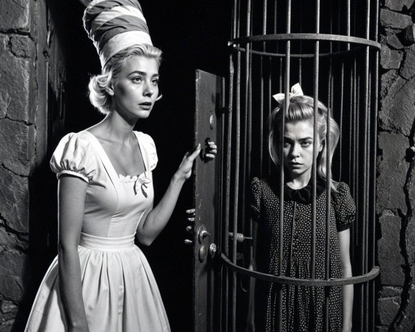 Dramatic Black-and-White Scene of Two Women in Contrast