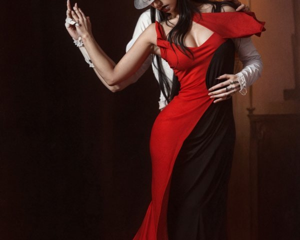 Woman in Two-Toned Gown with Ominous Figure Behind