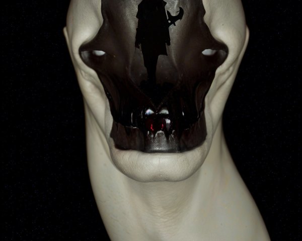 Surreal creature with elongated neck and shadowy figure