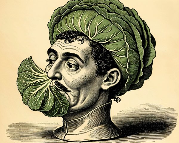 Whimsical Illustration of a Man with Cabbage Head