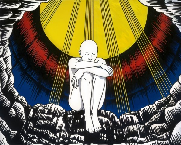 Solitary Figure Silhouetted Against Vibrant Yellow Sun